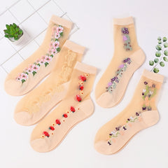 5 Pairs Floral Print Mesh Socks Breathable Mid Tube Women's Stockings