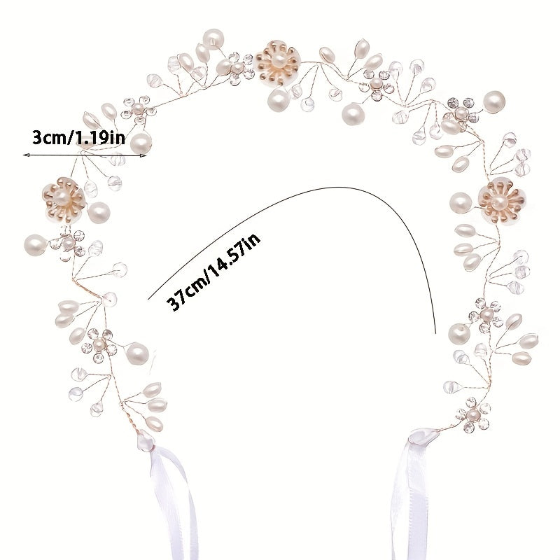 Flower Faux Pearl Crystal Headband Ribbon Wedding Bridal Jewelry