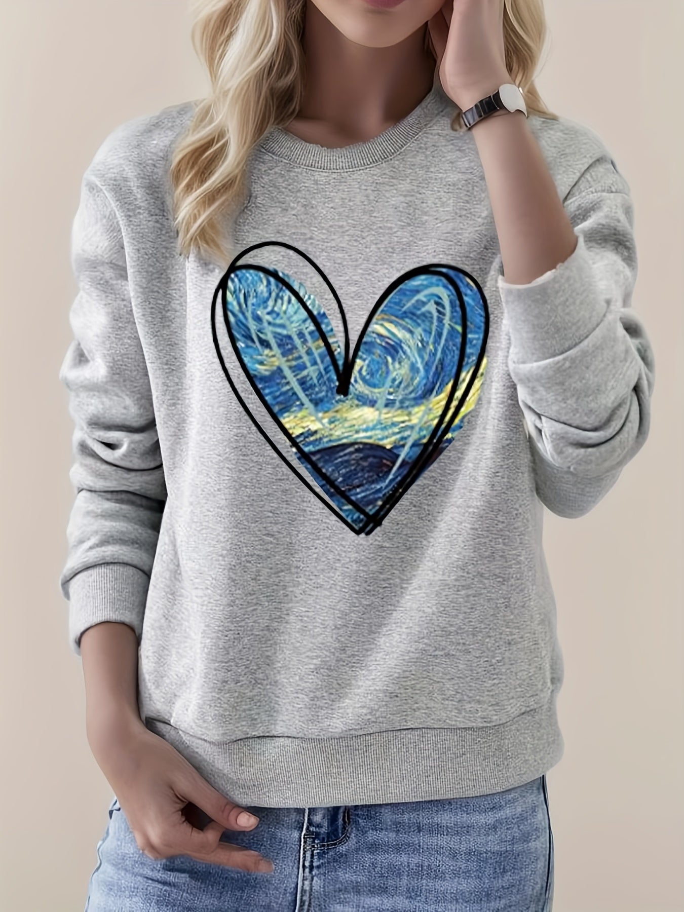 Heart Print Sweatshirt Crew Neck Long Sleeve for Fall & Winter