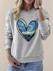 Heart Print Sweatshirt Crew Neck Long Sleeve for Fall & Winter
