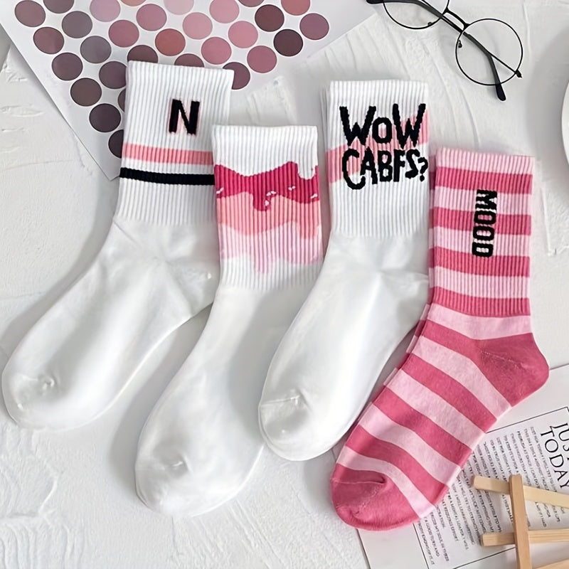 7 Pairs Letter Print Striped Socks Women's Stockings