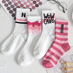 7 Pairs Letter Print Striped Socks Women's Stockings
