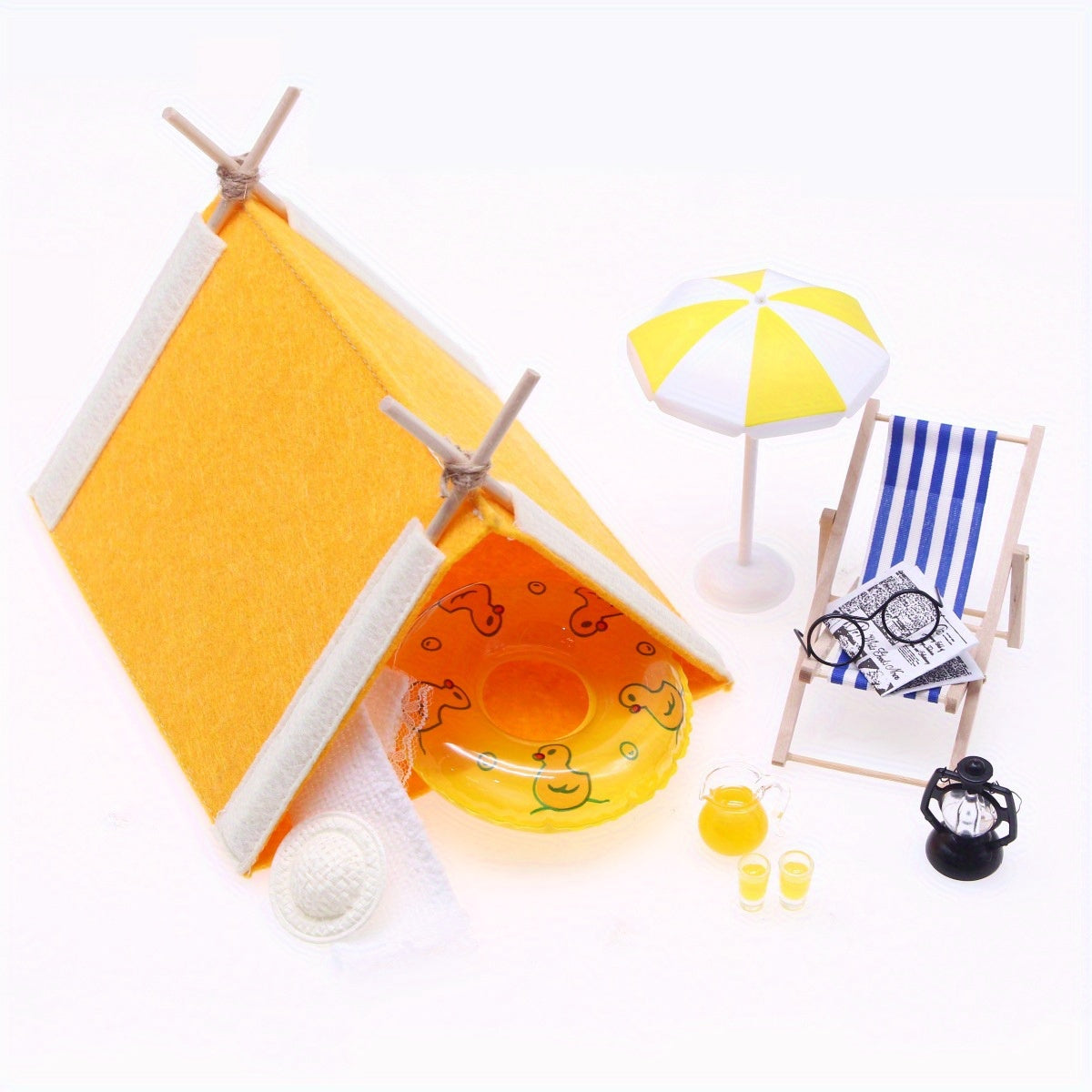 Mini Summer Camping Set w/ Tent Towel Swimming Ring for Doll House Decoration