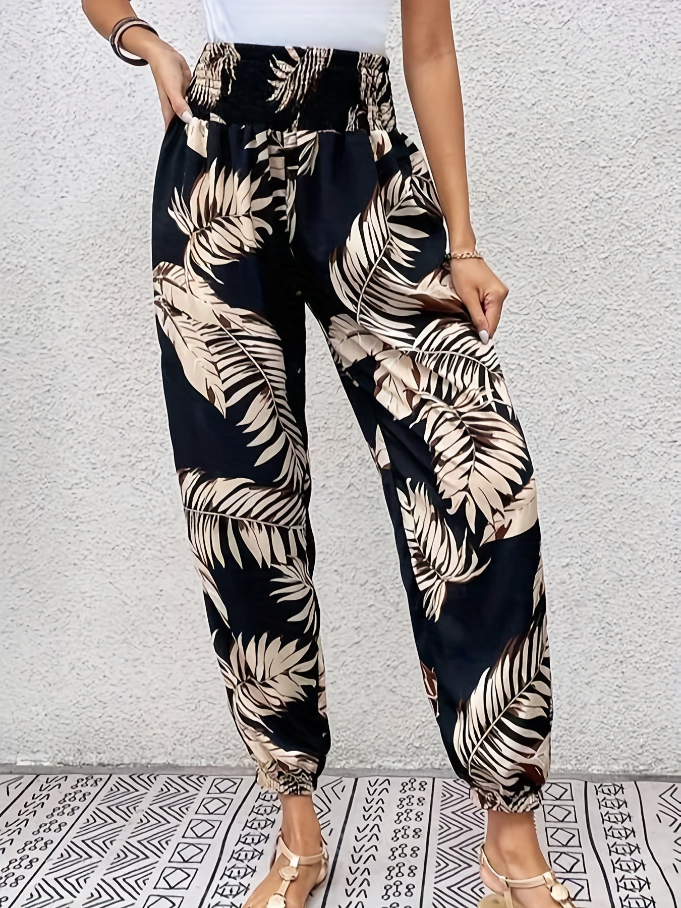 Leaf Print Stirred Waist Pants Boho Jogger Pants For Spring & Summer