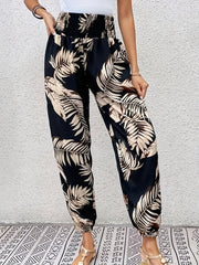 Leaf Print Stirred Waist Pants Boho Jogger Pants For Spring & Summer