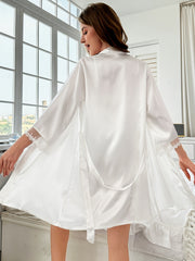 Satin Pajama Set & Robe Combo with Lace Trim