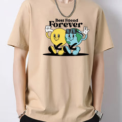 Cartoon Planets Print Men's Cotton Graphic Crew Neck Active T shirt
