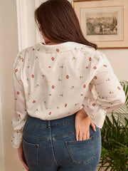Floral Print Flounce Sleeve Button Up Plus Size Blouse