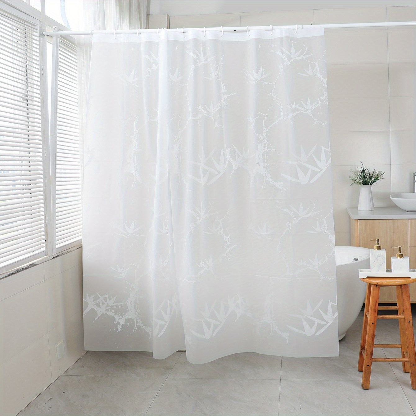 Waterproof Bamboo Leaf Shower Curtain with Hooks