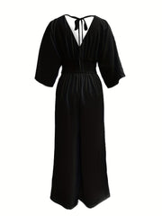 Solid V-neck Wide Leg Jumpsuit for Women