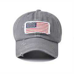 Ponytail Flag Patch Baseball Cap Gray Washed Distressed Lightweight Sun Hat