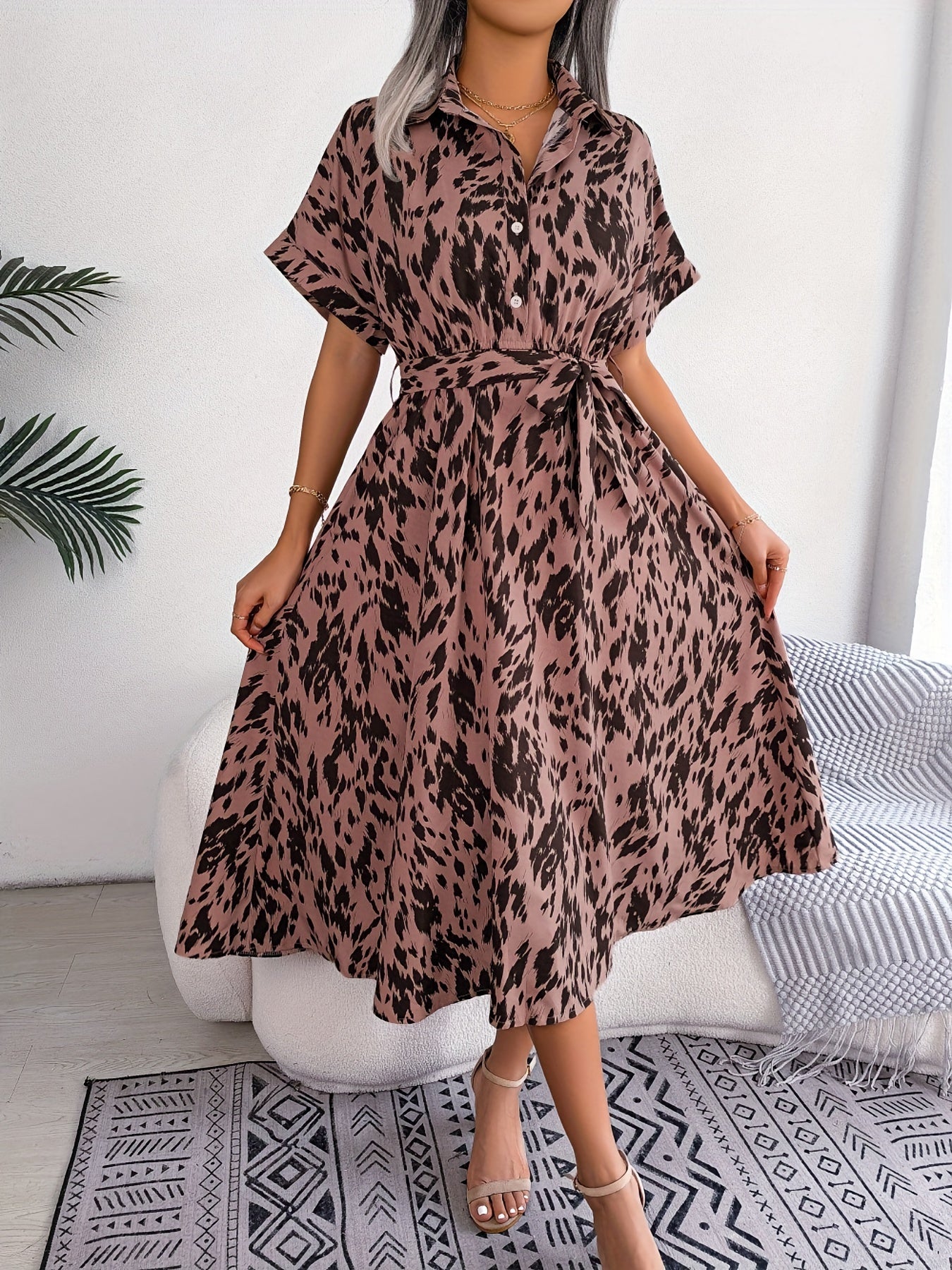 Allover Print Midi Dress Button Front Short Sleeve Women's Clothing