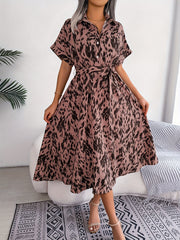 Allover Print Midi Dress Button Front Short Sleeve Women's Clothing