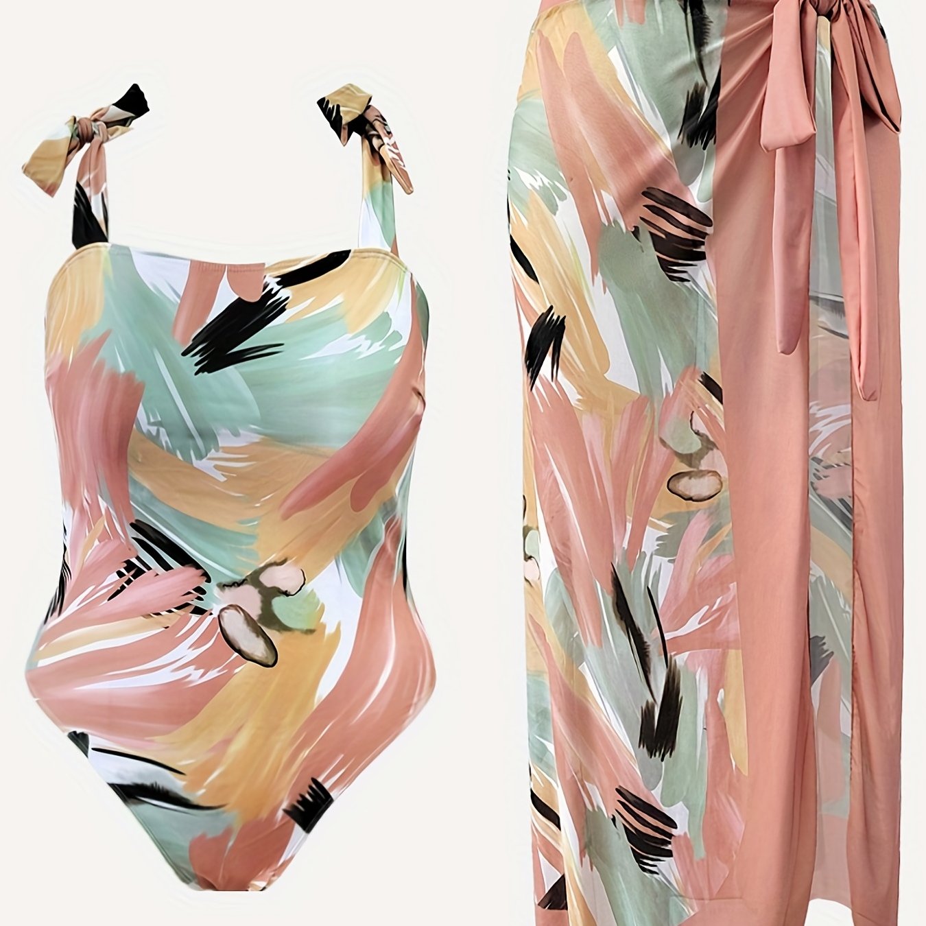 Painting Print One Piece Swimsuit & Wrap Skirt Set