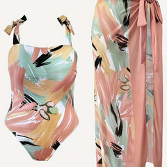 Painting Print One Piece Swimsuit & Wrap Skirt Set