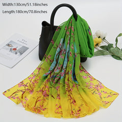 Boho Floral Print Green Scarf Vintage Thin Sunscreen Shawl