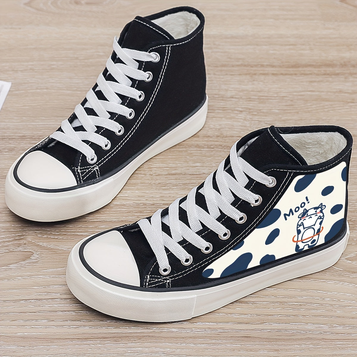 Cow Print Plush Lined Thermal Chunky Canvas Sneakers Flat High
