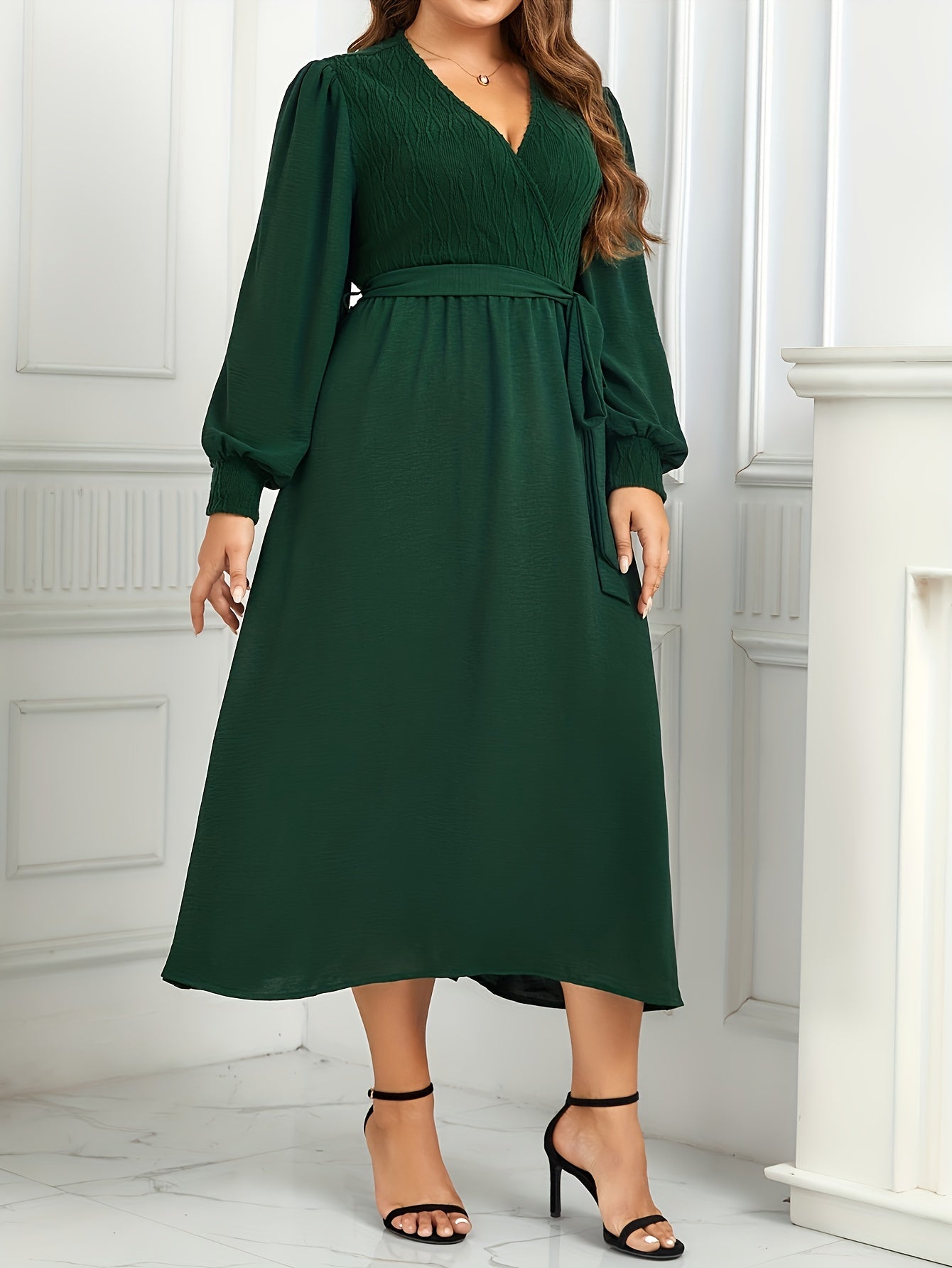 Solid Lantern Sleeve Maxi Dress With Belt