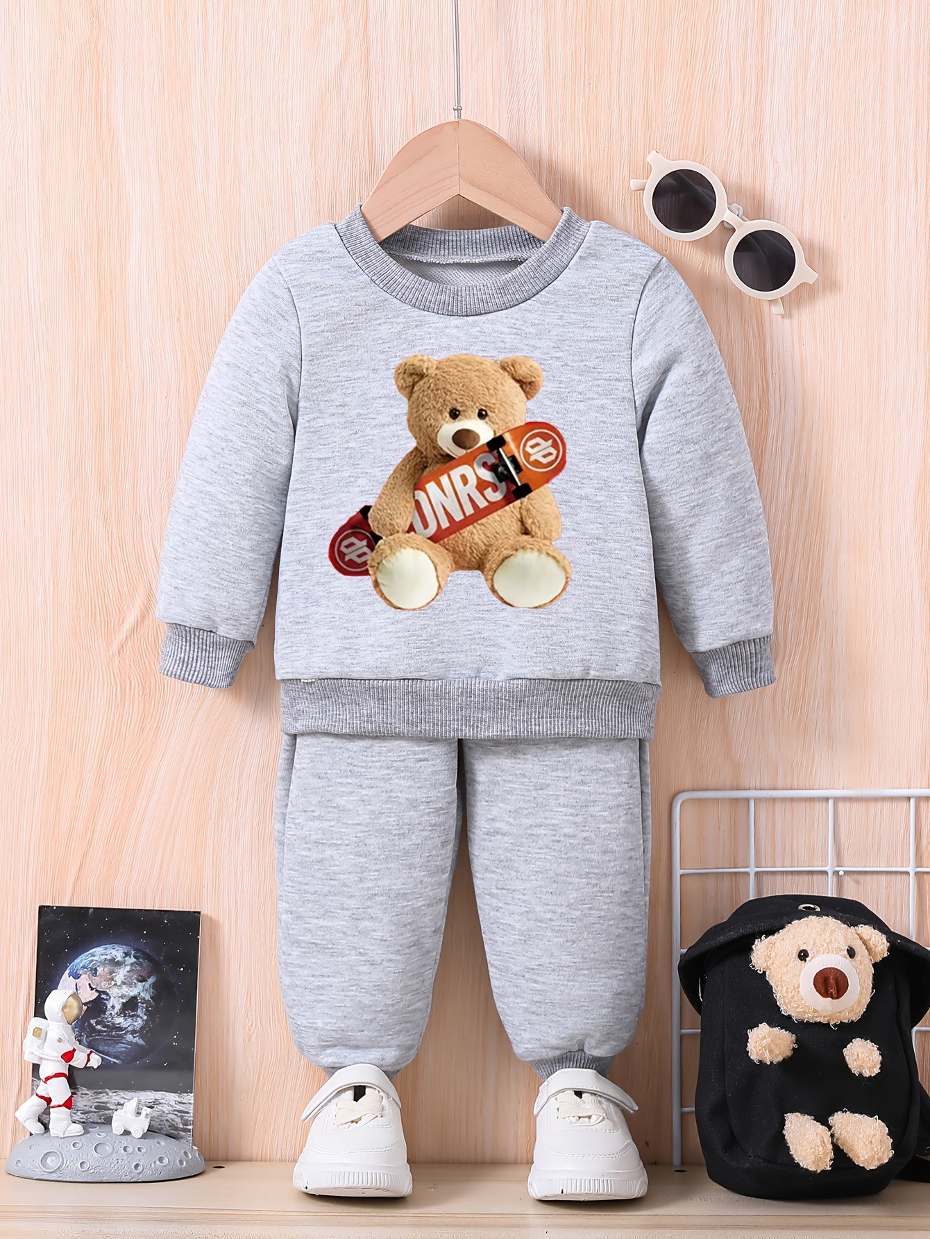 Skateboard & Bear Graphic Baby Sweatshirt Trousers Set