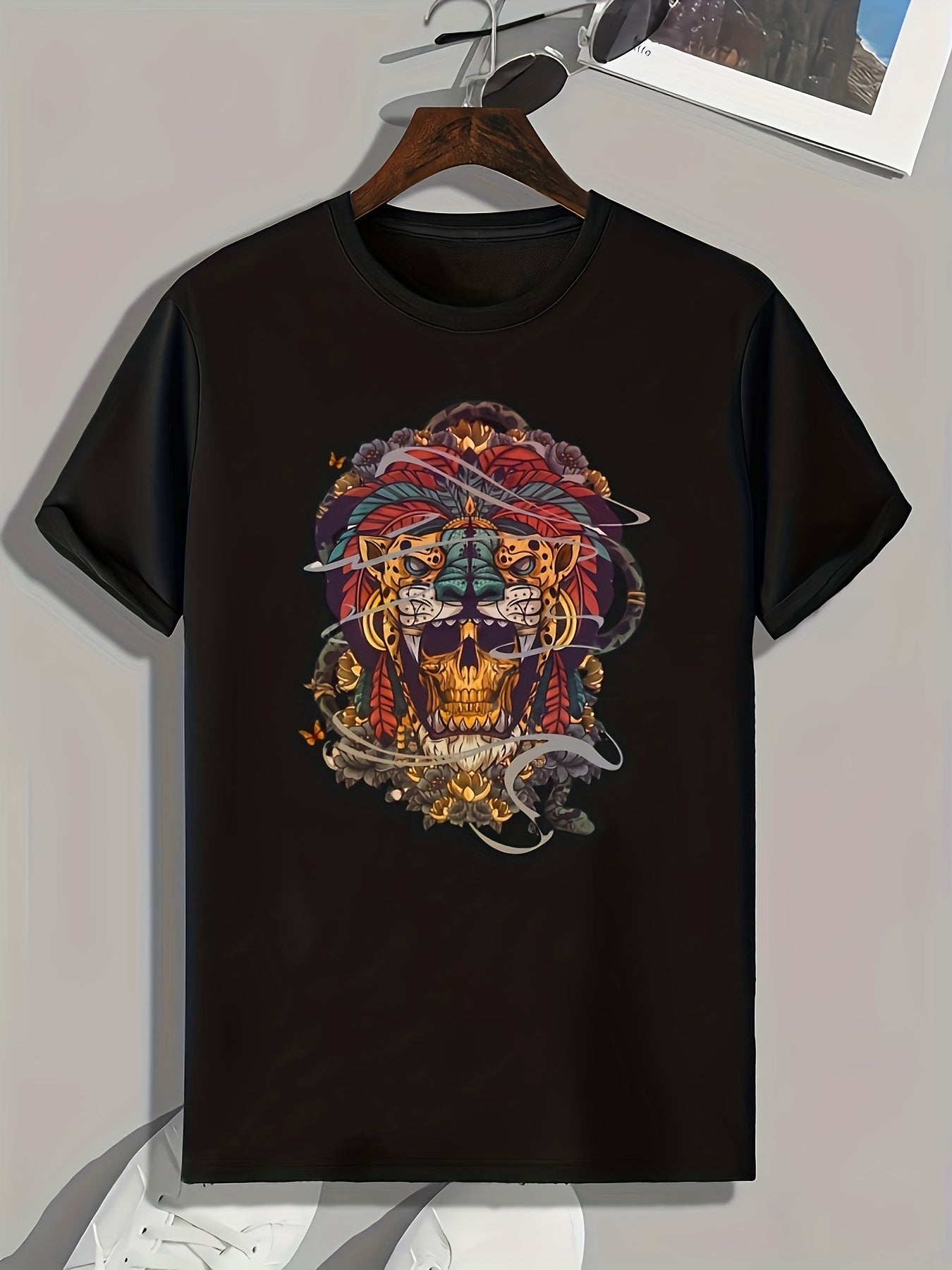 Lion Skull Print Men's Graphic T shirt Casual Tee