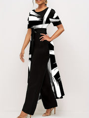 Brush Print Wide Leg Jumpsuit Short Sleeve Jumpsuit