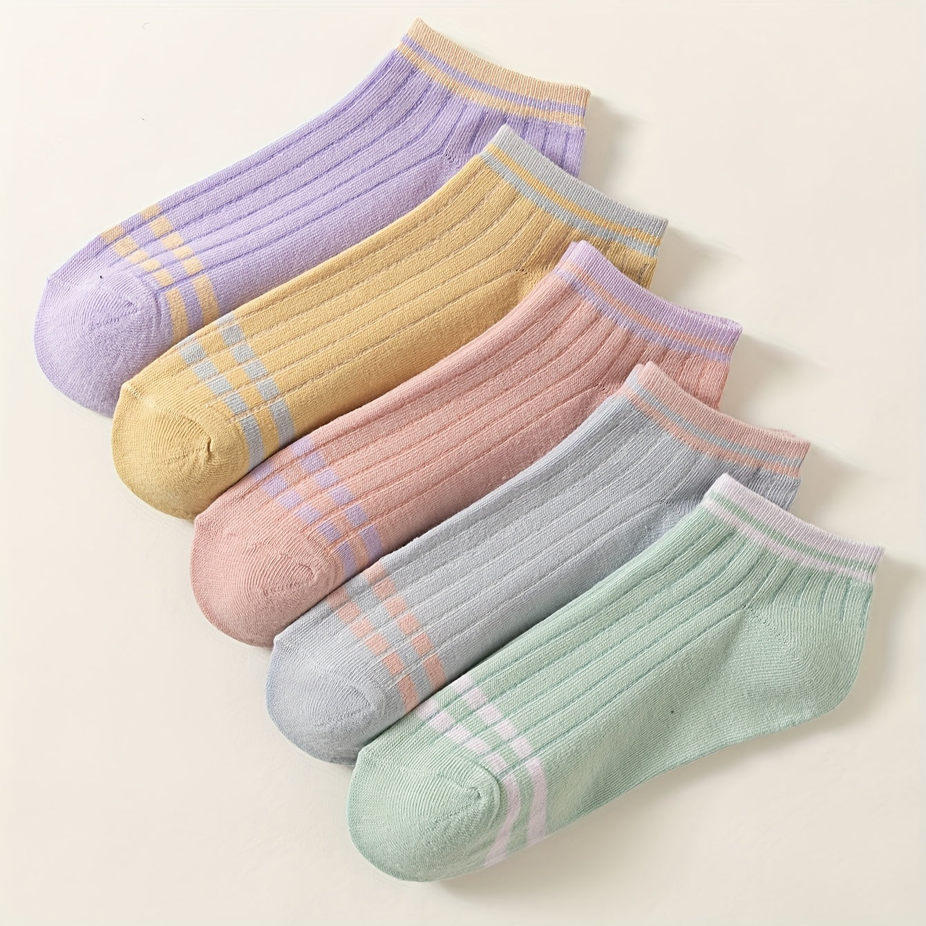 5 Pairs Women's Striped Ankle Socks Low Cut Soft Lightweight Stockings