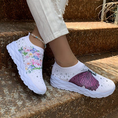 Women's Butterfly & Floral Print Sneakers Rhinestone Decor Knit Shoes