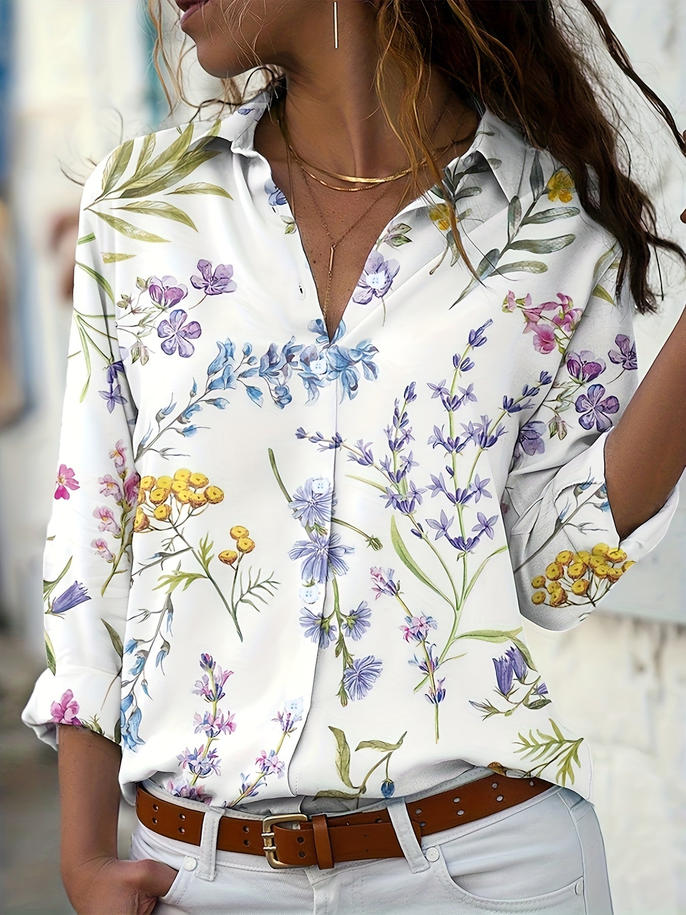 Women's Plus Floral Print Button Up Long Sleeve Blouse