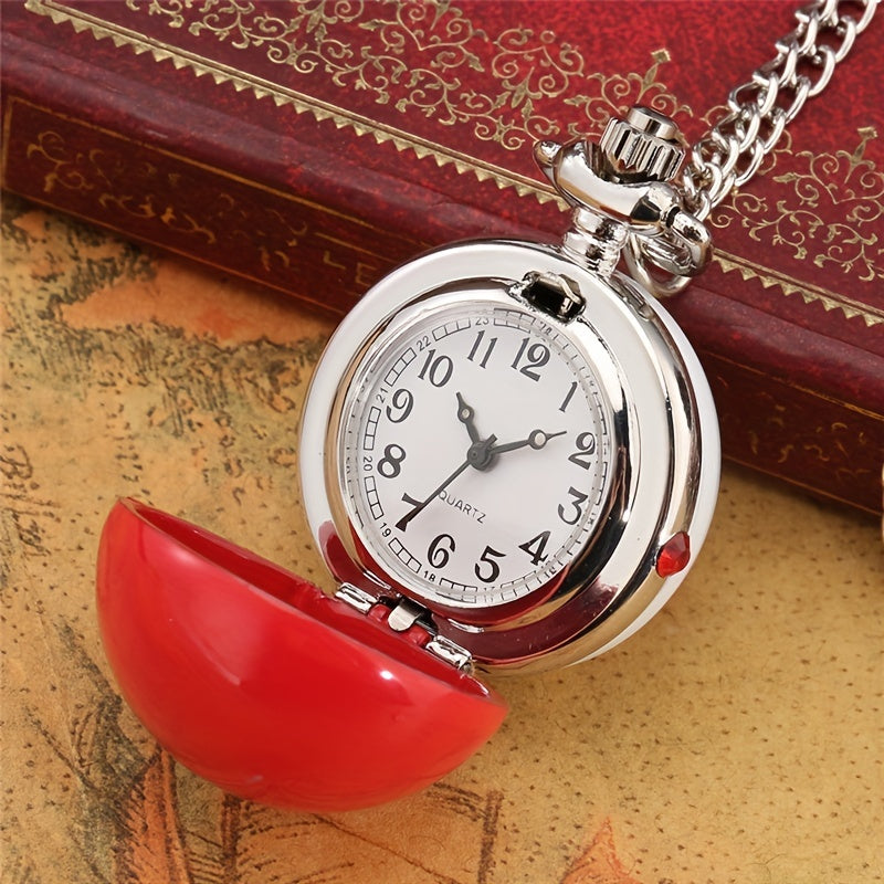 Mini Size Red Round Shape Quartz Analog Pocket Watch Necklace Chain Gift