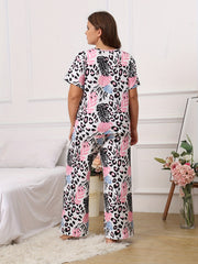 Boho Pajama Set Women's Plus Leopard & Tropical Print Tee & Pants