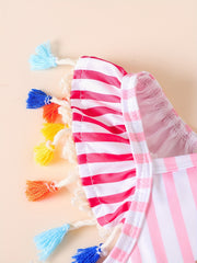 Toddler Girls Mermaid Embroidery Striped Ruffle Trim Swimsuit