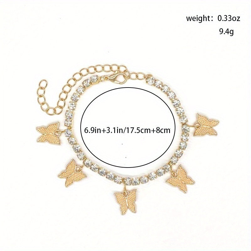 Butterfly Rhinestone Tennis Anklet, Summer Style Foot Jewelry