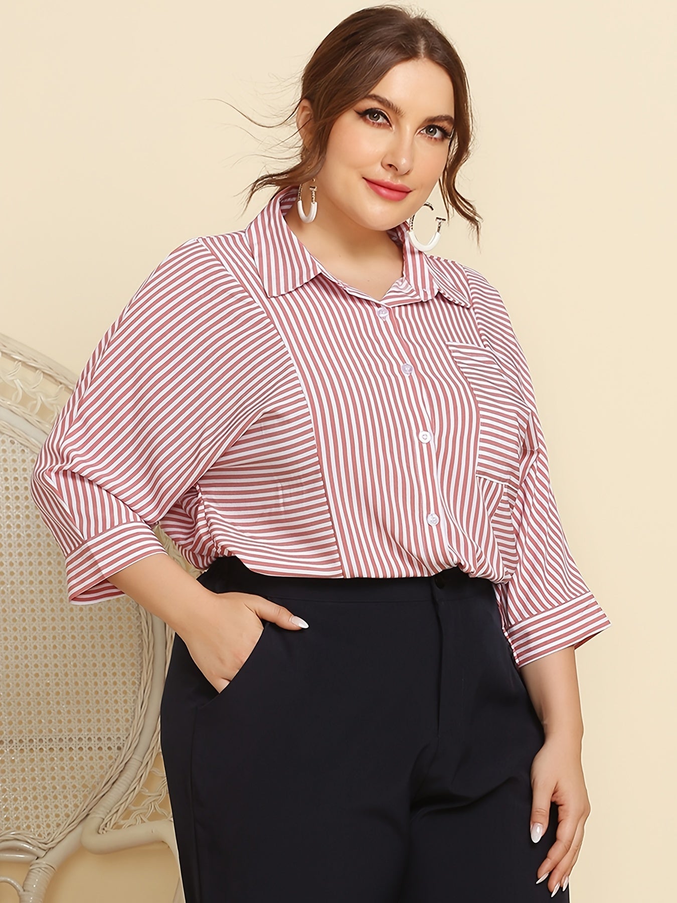 Striped Print Long Sleeve Shirt Women's Plus Button Front