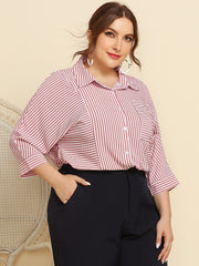 Striped Print Long Sleeve Shirt Women's Plus Button Front