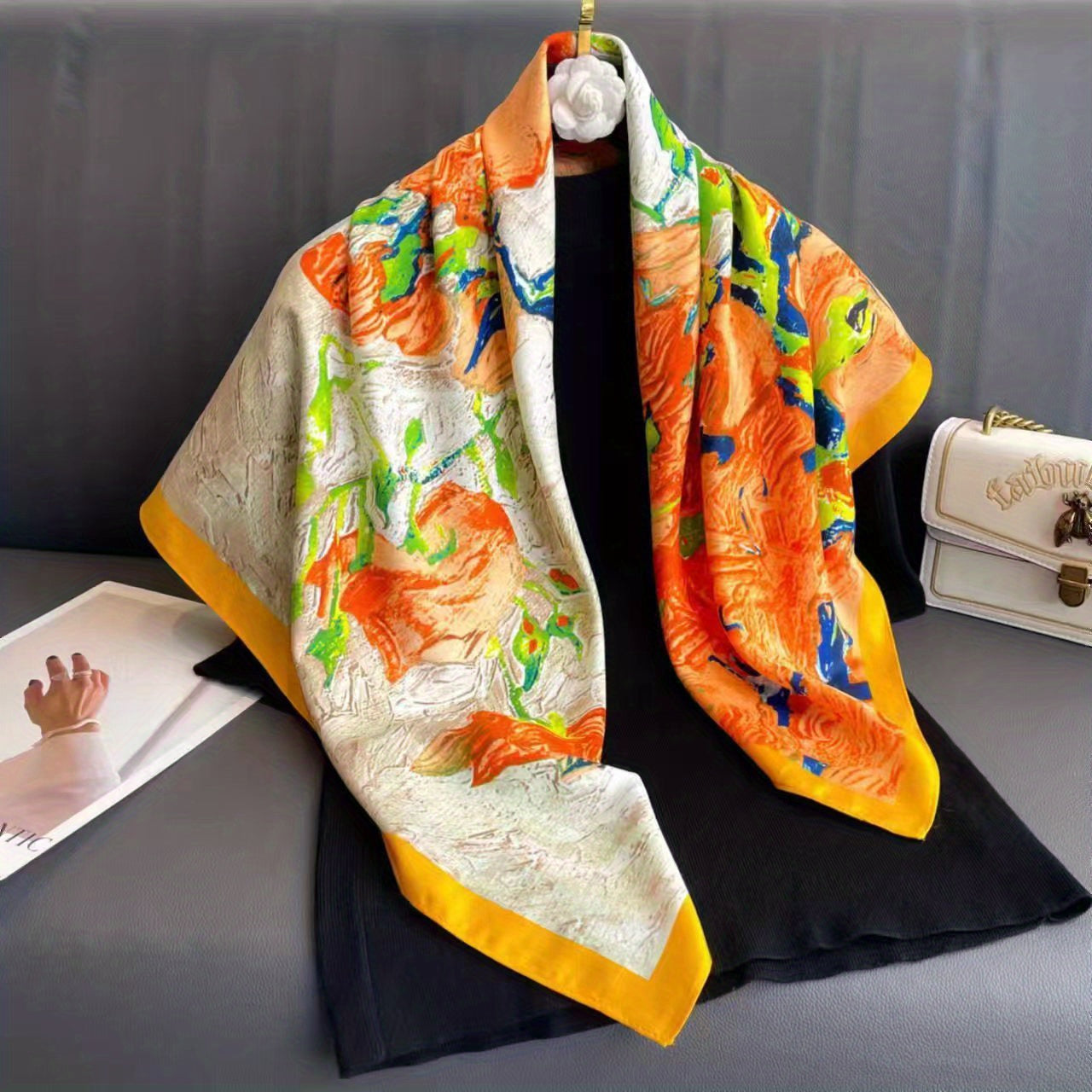 Flower Print Square Scarf Oil Painting Silk Shawl Women Head Wrap Satin