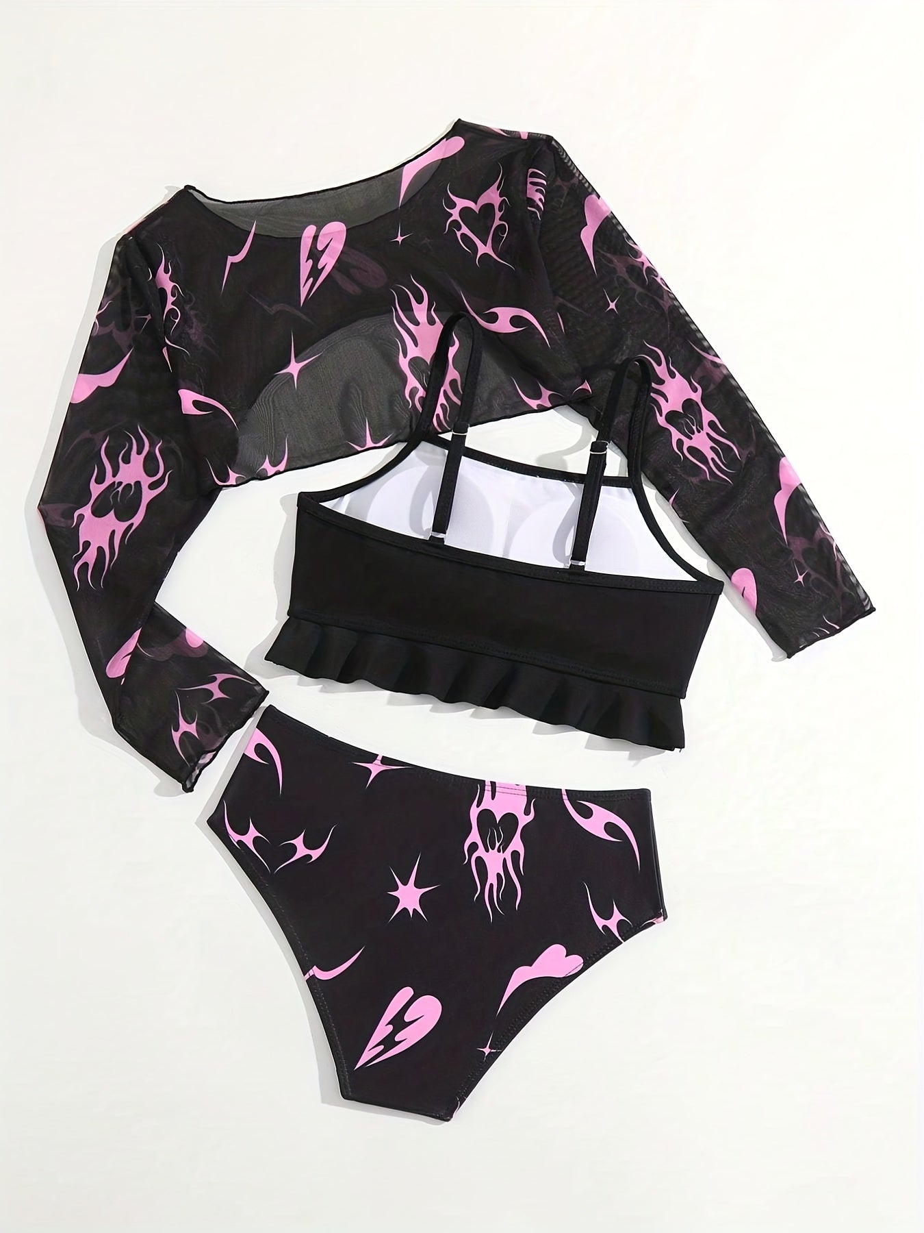 3pcs Girls Fire Heart Bikini Sets Long Sleeve Top Ruffle Trim Briefs