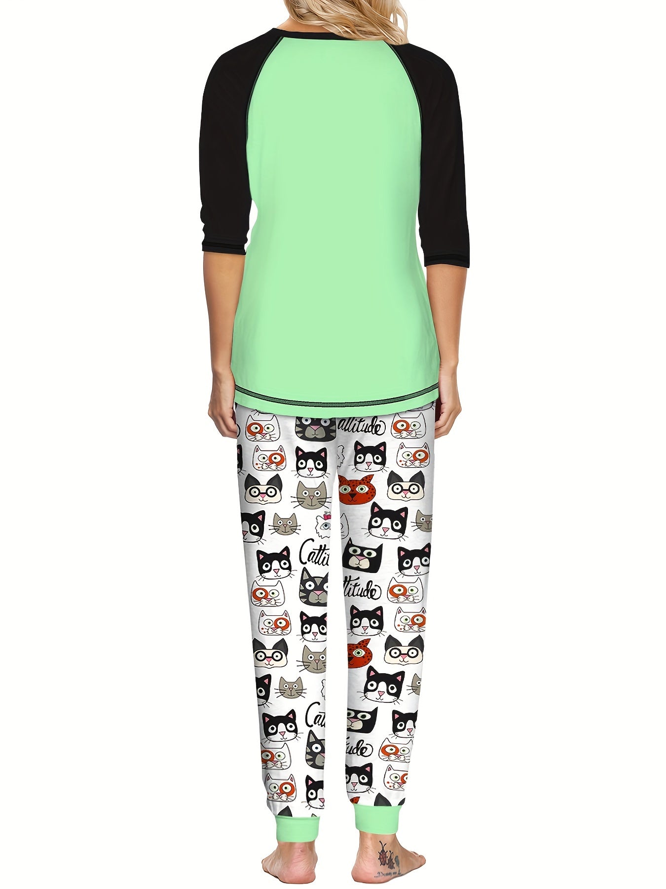 Christmas Cartoon Cat Print Lounge Set Long Sleeve Top & Pants Women's Pajamas
