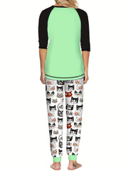 Christmas Cartoon Cat Print Lounge Set Long Sleeve Top & Pants Women's Pajamas