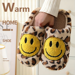 Women's Smile Face Pattern Slippers Leopard Print Plush Lined Shoes