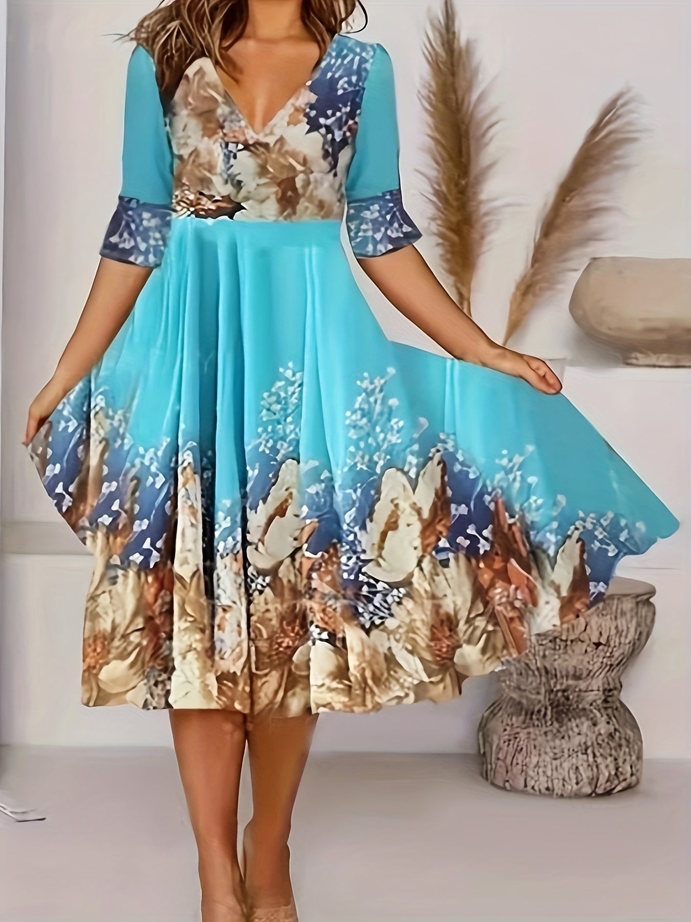 Colorblock Floral Print V-Neck Midi Dress