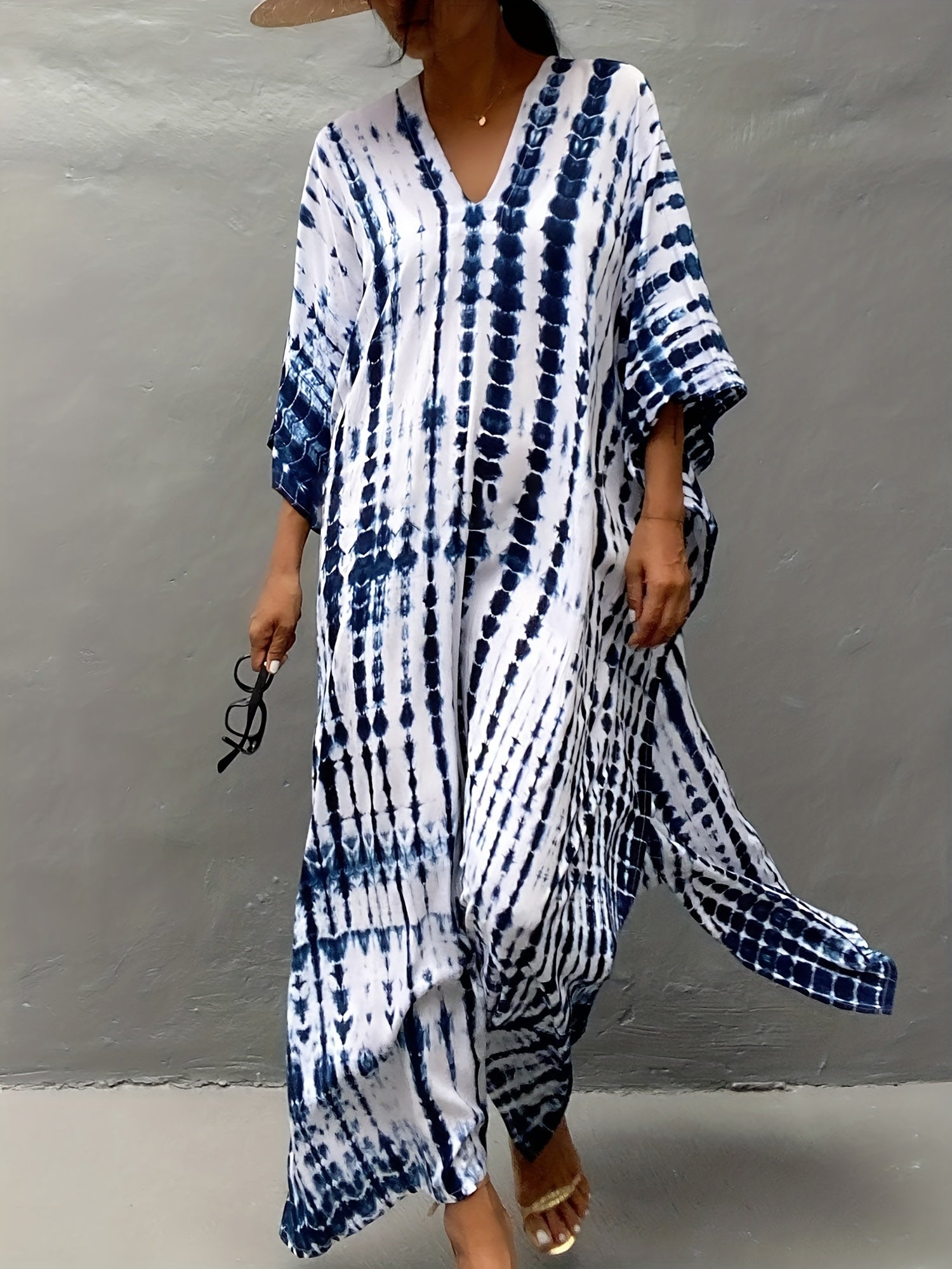 Boho Cover Up Tie Dye Striped Batwing Sleeve V Neck Dress