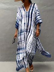 Boho Cover Up Tie Dye Striped Batwing Sleeve V Neck Dress
