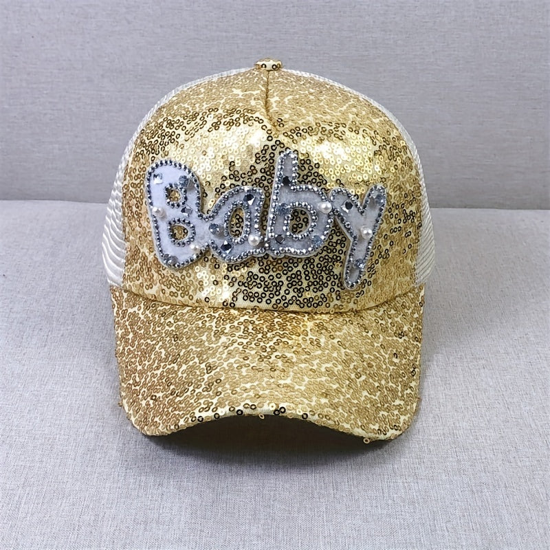 Baby Patch Sequin Baseball Cap Sparkling Mesh Trucker Hats For Women