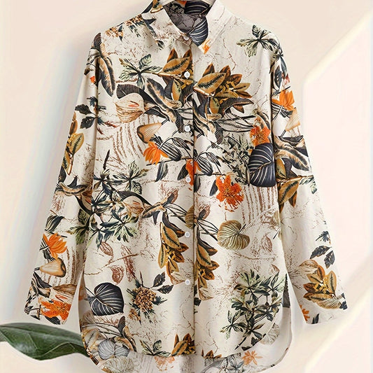 Leaf Print Button Up Blouse