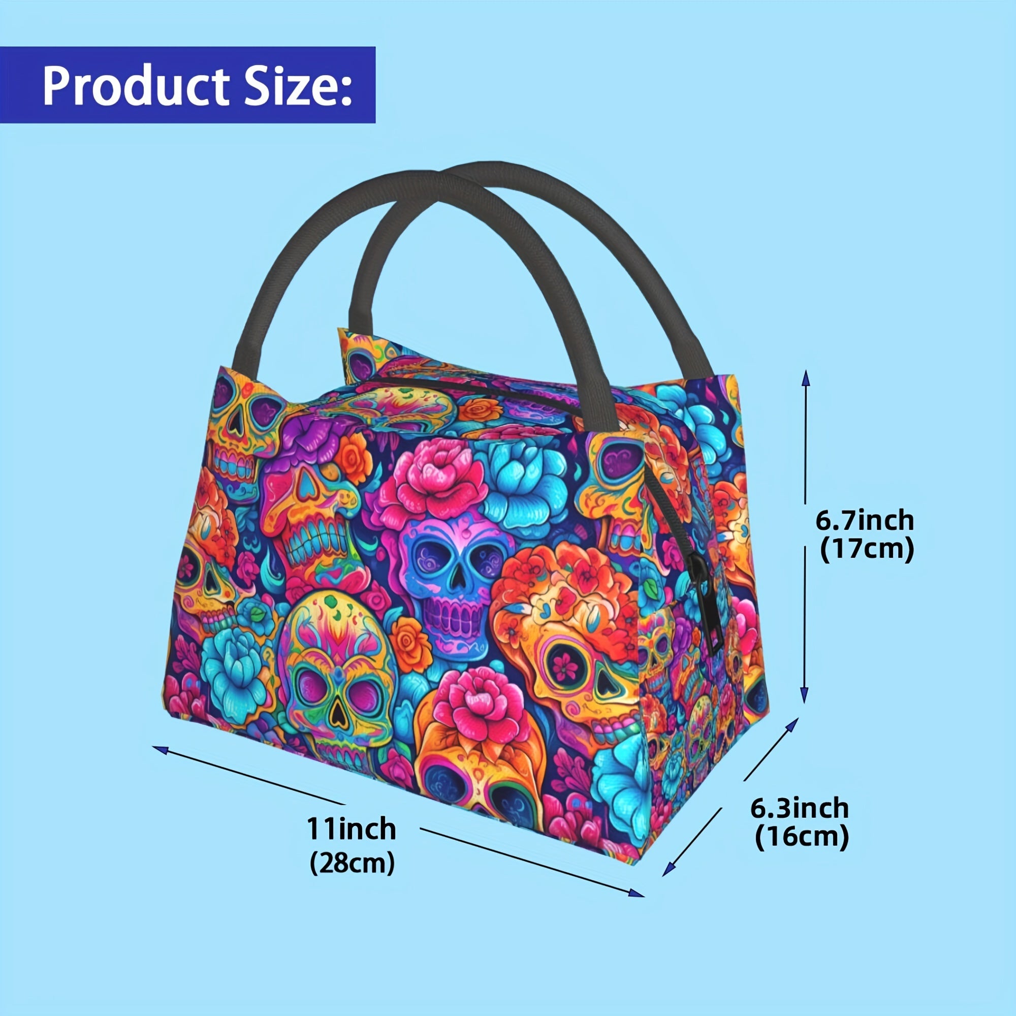 Colorful Skull Pattern Cooler Bag Halloween Leakproof Lunch Tote