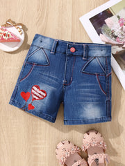 Girls' Stretch Heart Embroidered Denim Shorts for Street Outwear