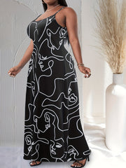 Casual Plus Abstract Figure Print Round Neck Maxi Cami Dress