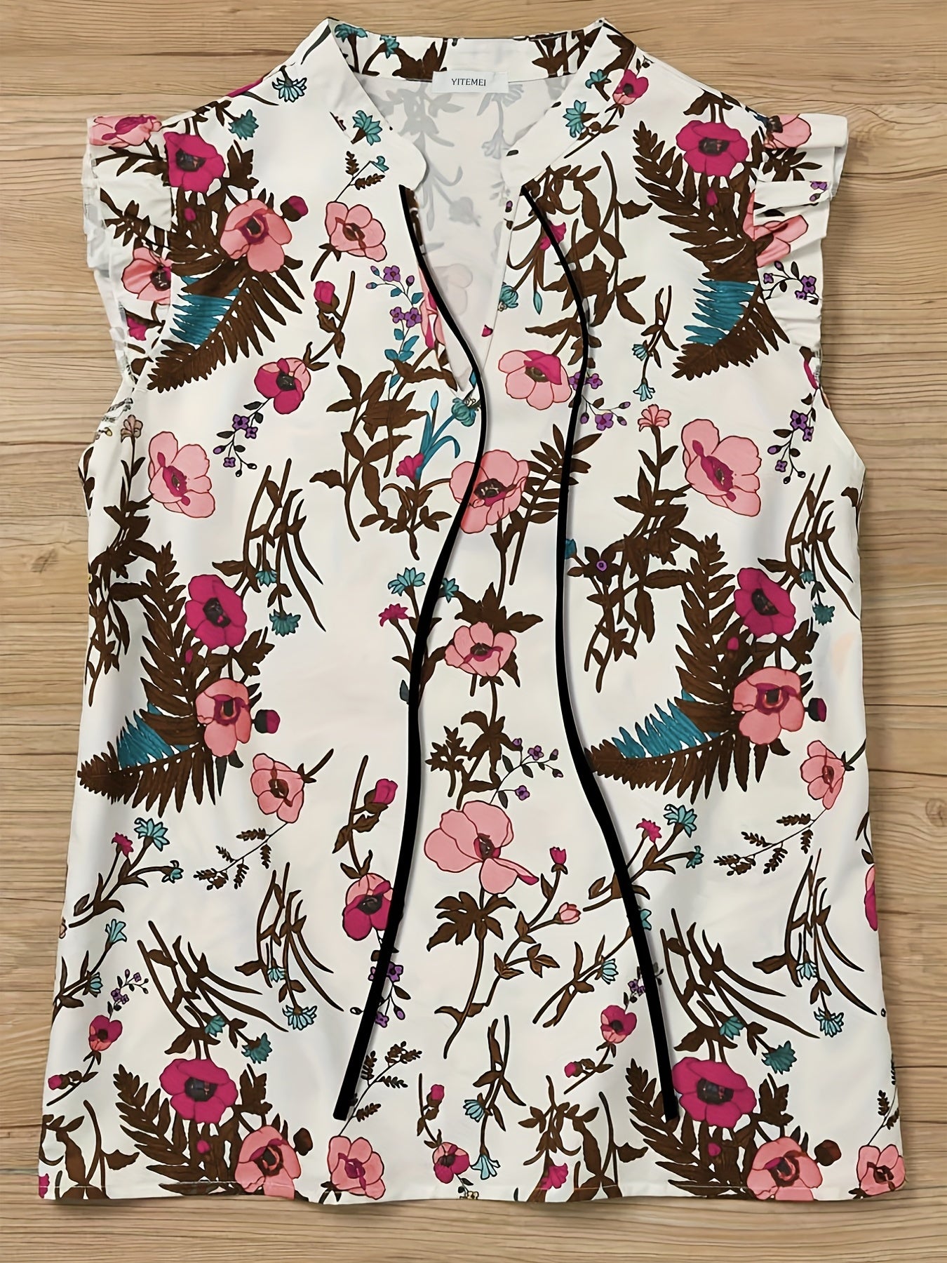 Women's Plus Floral Print Ruffle Sleeve Notched Neck Keyhole Tie Top