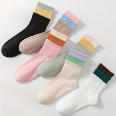 6 Pairs Colorblock Ribbed Mid Tube Socks Women's Stockings