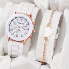 Student Silicone Quartz Watch & Heart Bracelet Set